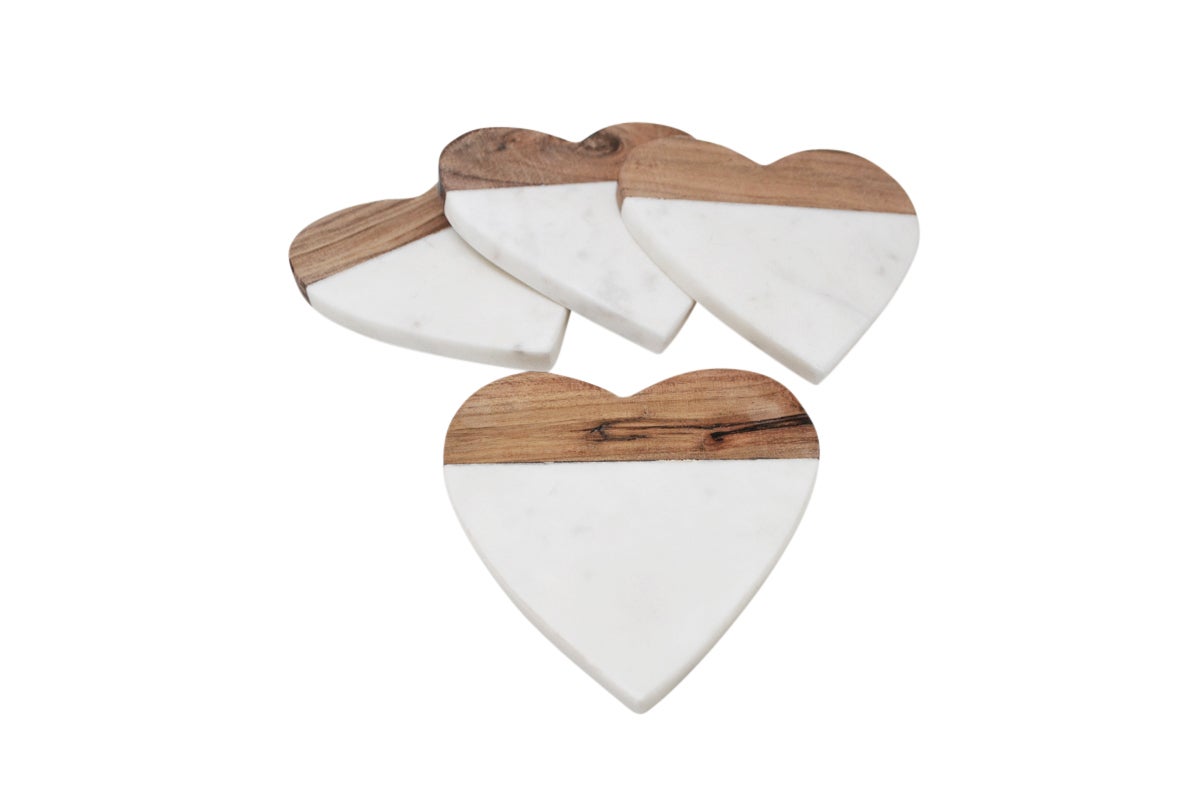 Ensemble de 4 sous-verres Cœur en marbre et bois