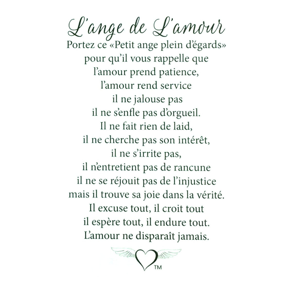 Message en français sur la carte de l’épinglette « Amour ».