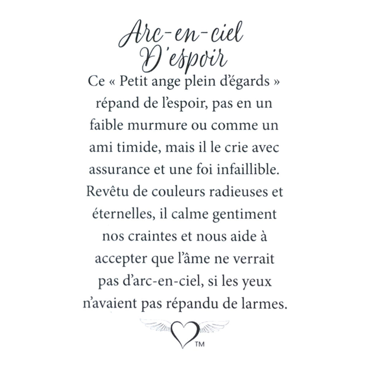 Message en français sur la carte de l’épinglette « Arc-en-ciel d’espoir ».
