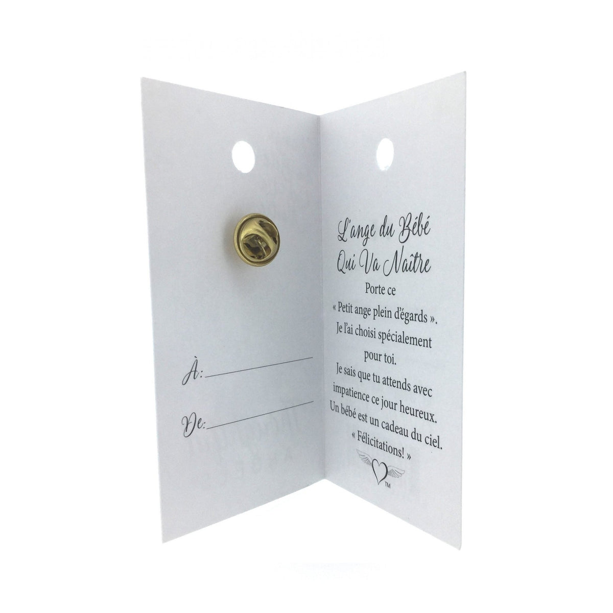 Carte ouverte de l’épinglette « Bébé qui va naître », avec son message en français.
