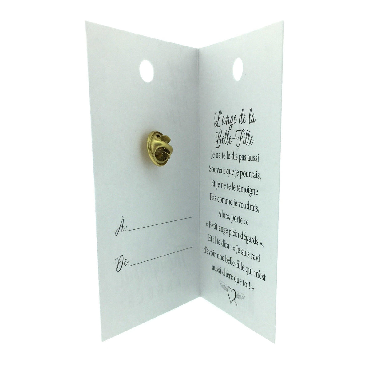 Carte ouverte de l’épinglette « Belle-fille », avec son message en français.