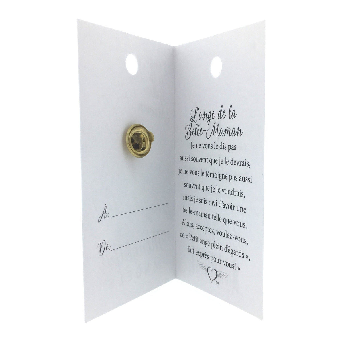 Carte ouverte de l’épinglette « Belle-maman », avec son message en français.