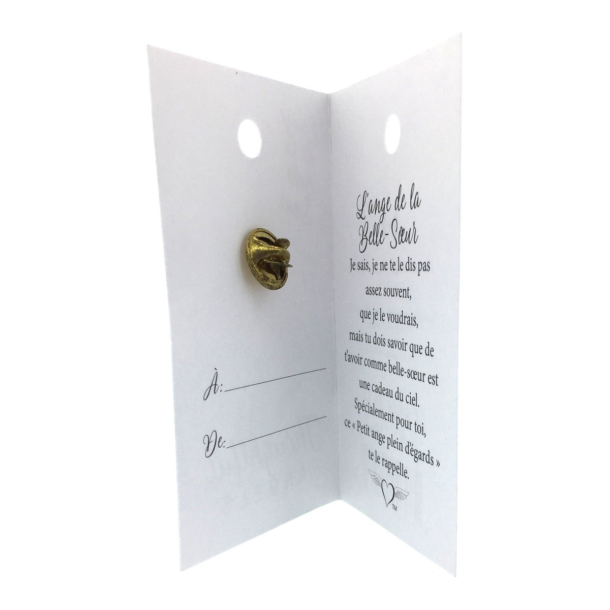Carte ouverte de l’épinglette « Belle-sœur », avec son message en français.
