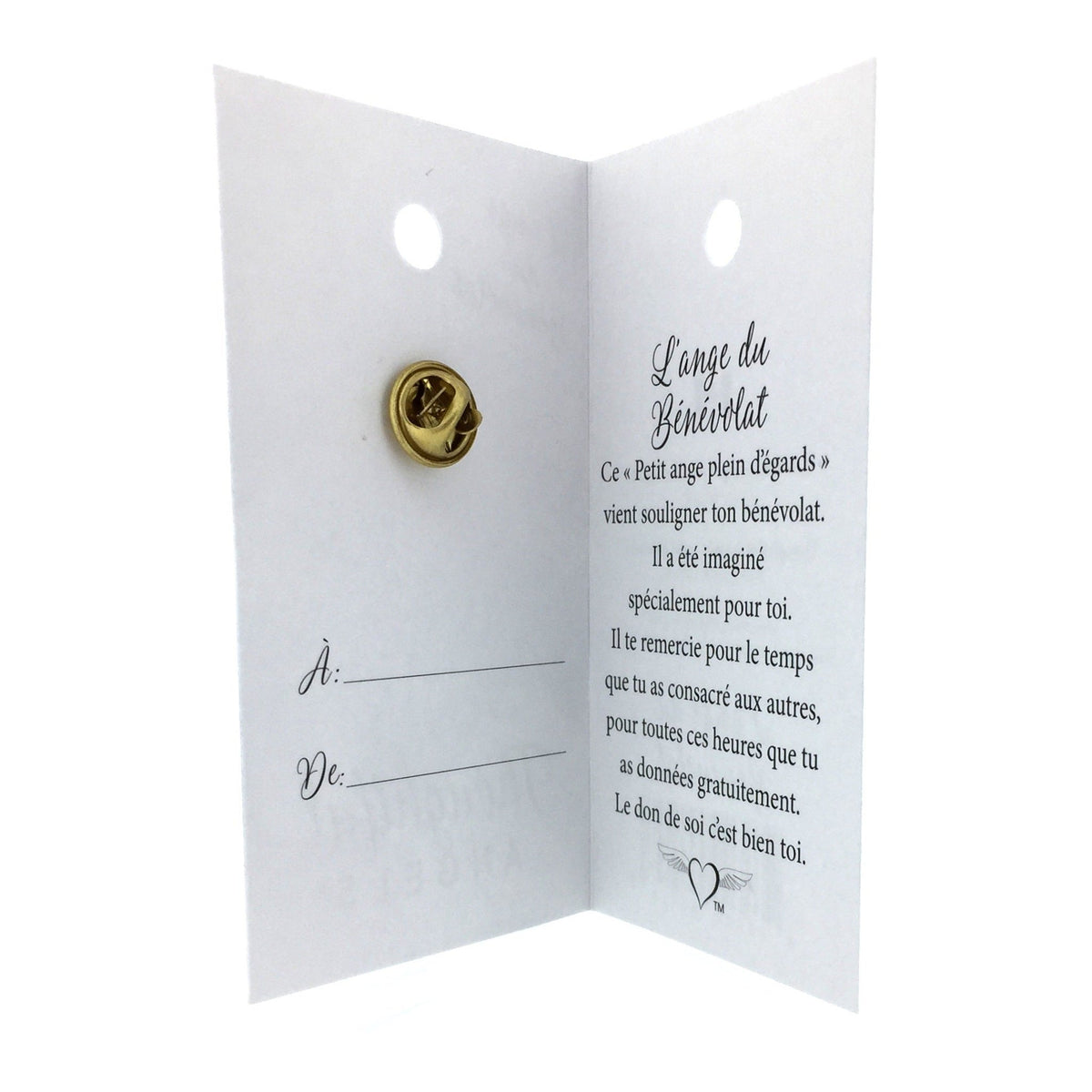 Carte ouverte de l’épinglette « Bénévolat », avec son message en français.