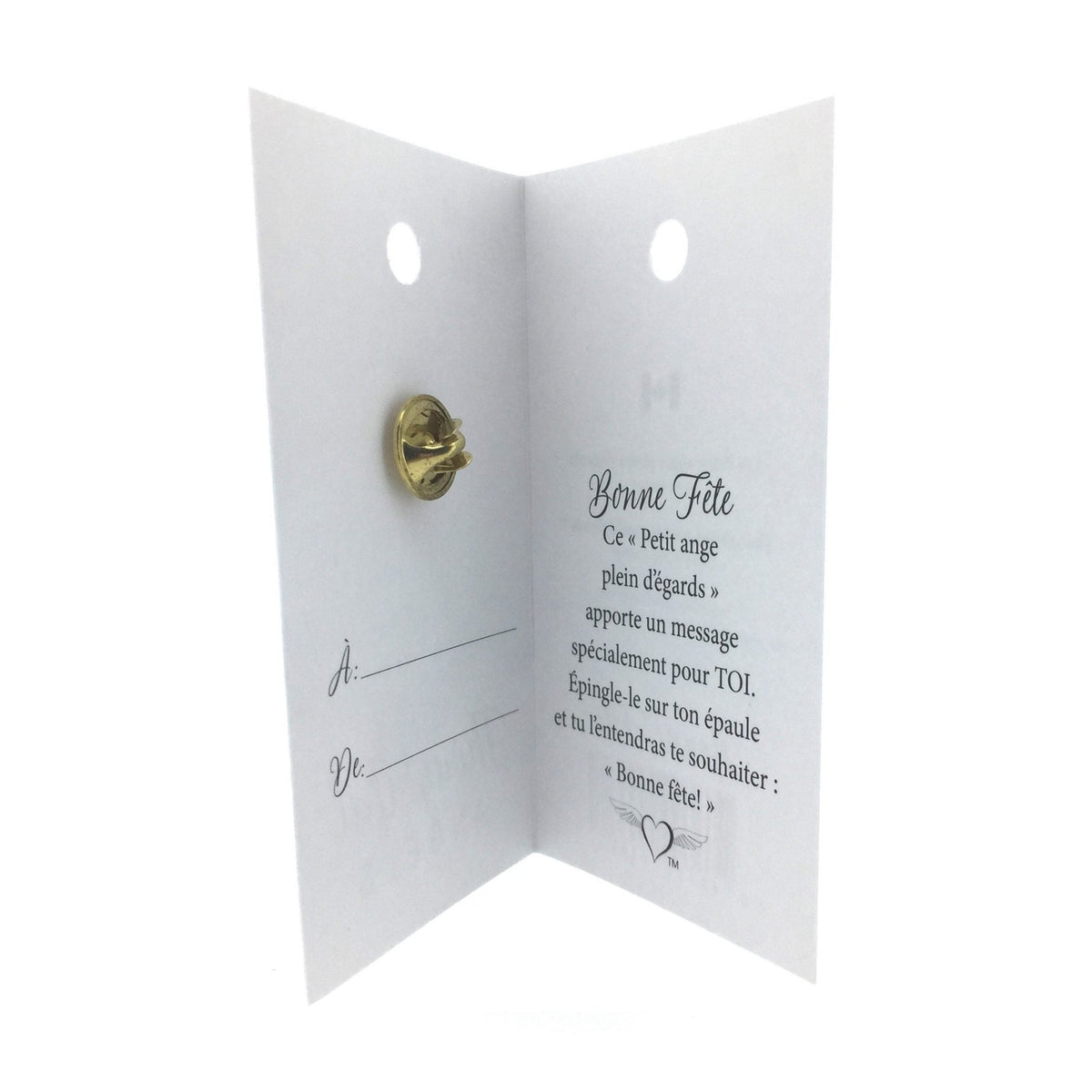 Carte ouverte de l’épinglette « Bonne fête », avec son message en français.
