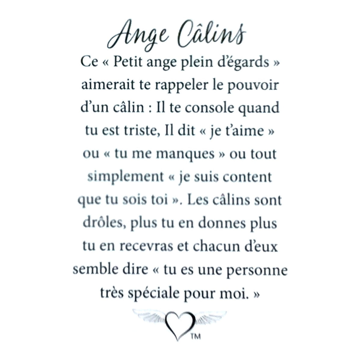 Message en français sur la carte de l’épinglette « Câlins ».