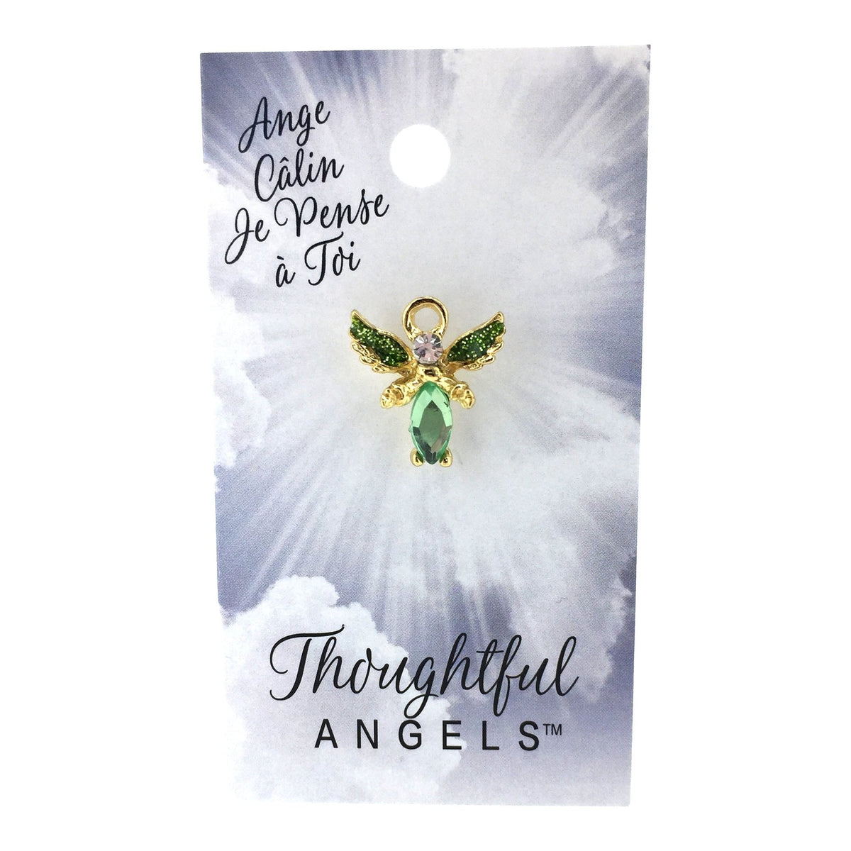 Épinglette « Câlin je pense à toi » sur sa carte de présentation Thoughtful Angels.