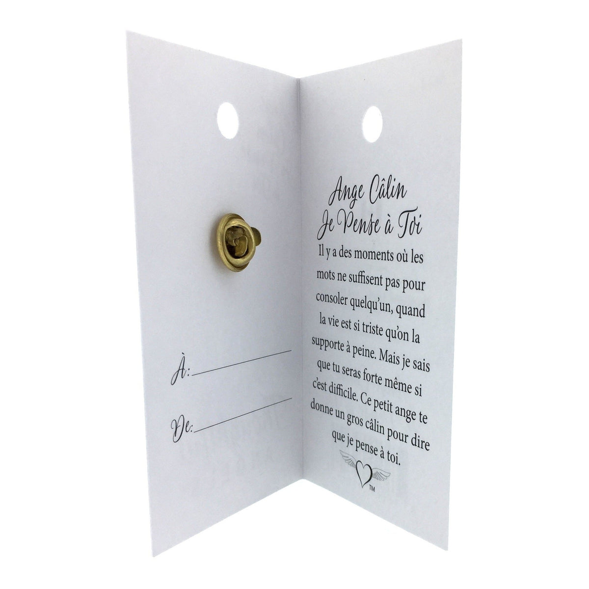 Carte ouverte de l’épinglette « Câlin je pense à toi », avec son message en français.