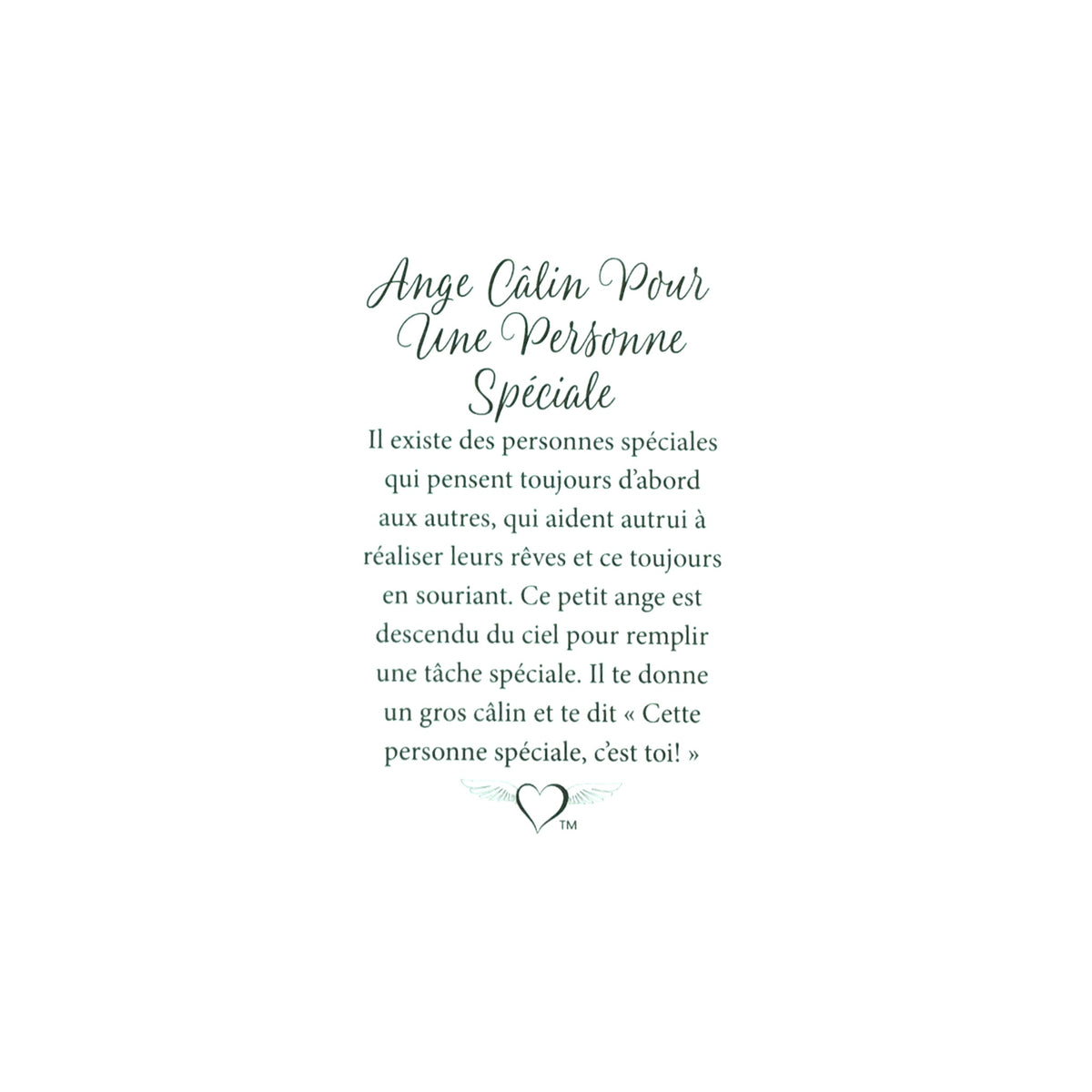 Épinglette ange « Câlin pour une personne spéciale » — message en français.