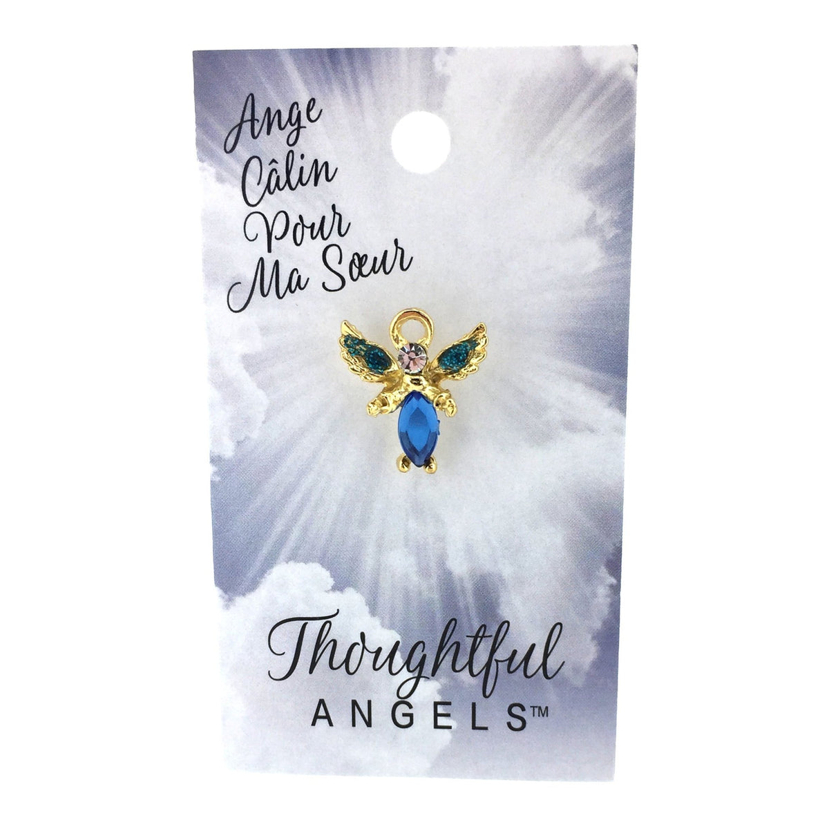 Épinglette « Câlin pour ma sœur » sur sa carte de présentation Thoughtful Angels.