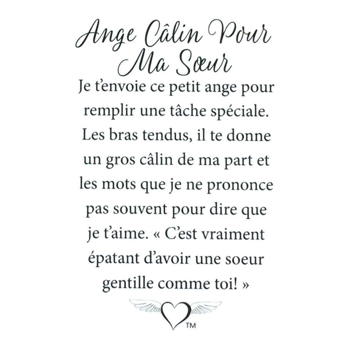 Message en français sur la carte de l’épinglette « Câlin pour ma sœur ».
