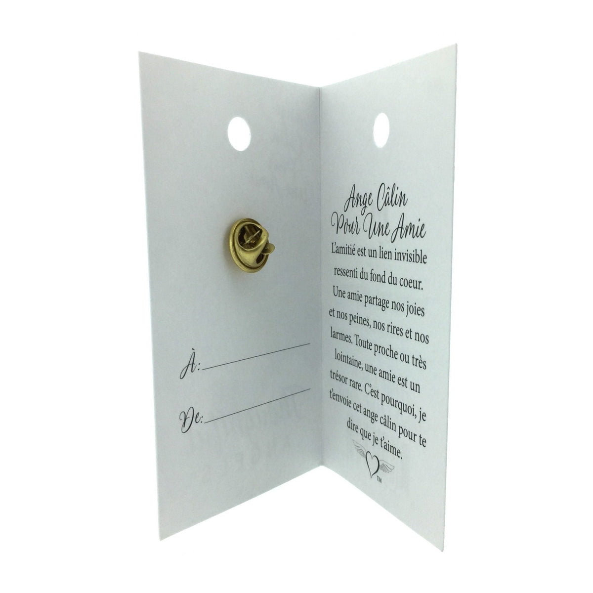 Carte ouverte de l’épinglette « Câlin pour une amie », avec son message en français.