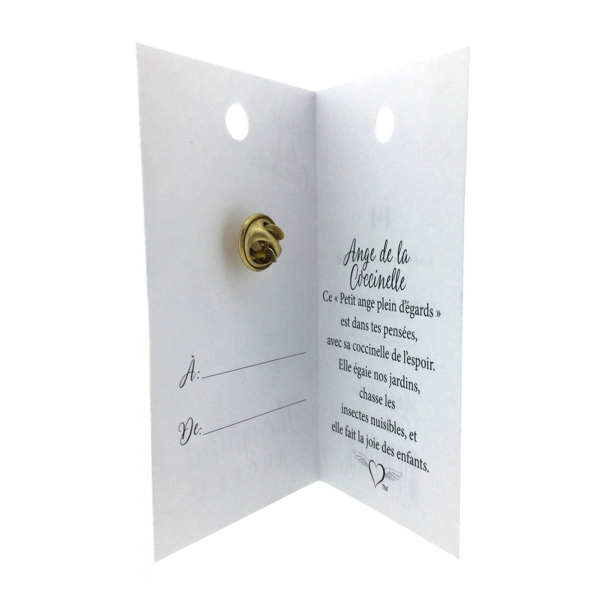 Carte ouverte de l’épinglette « Coccinelle », avec son message en français.