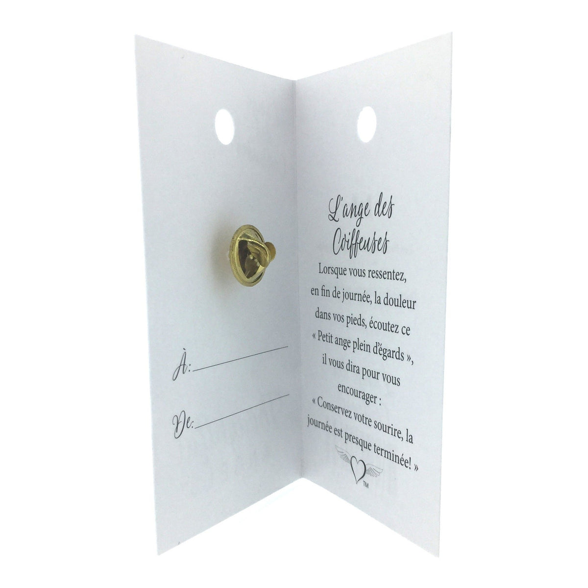 Carte ouverte de l’épinglette « Coiffeuses », avec son message en français.