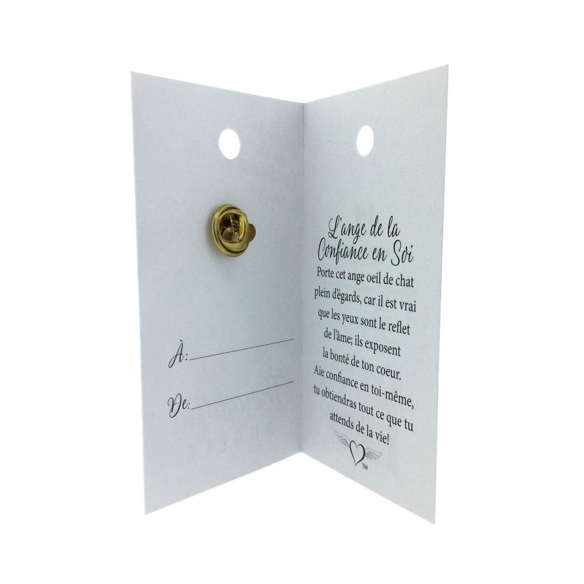 Carte ouverte de l’épinglette « Confiance en soi », avec son message en français.