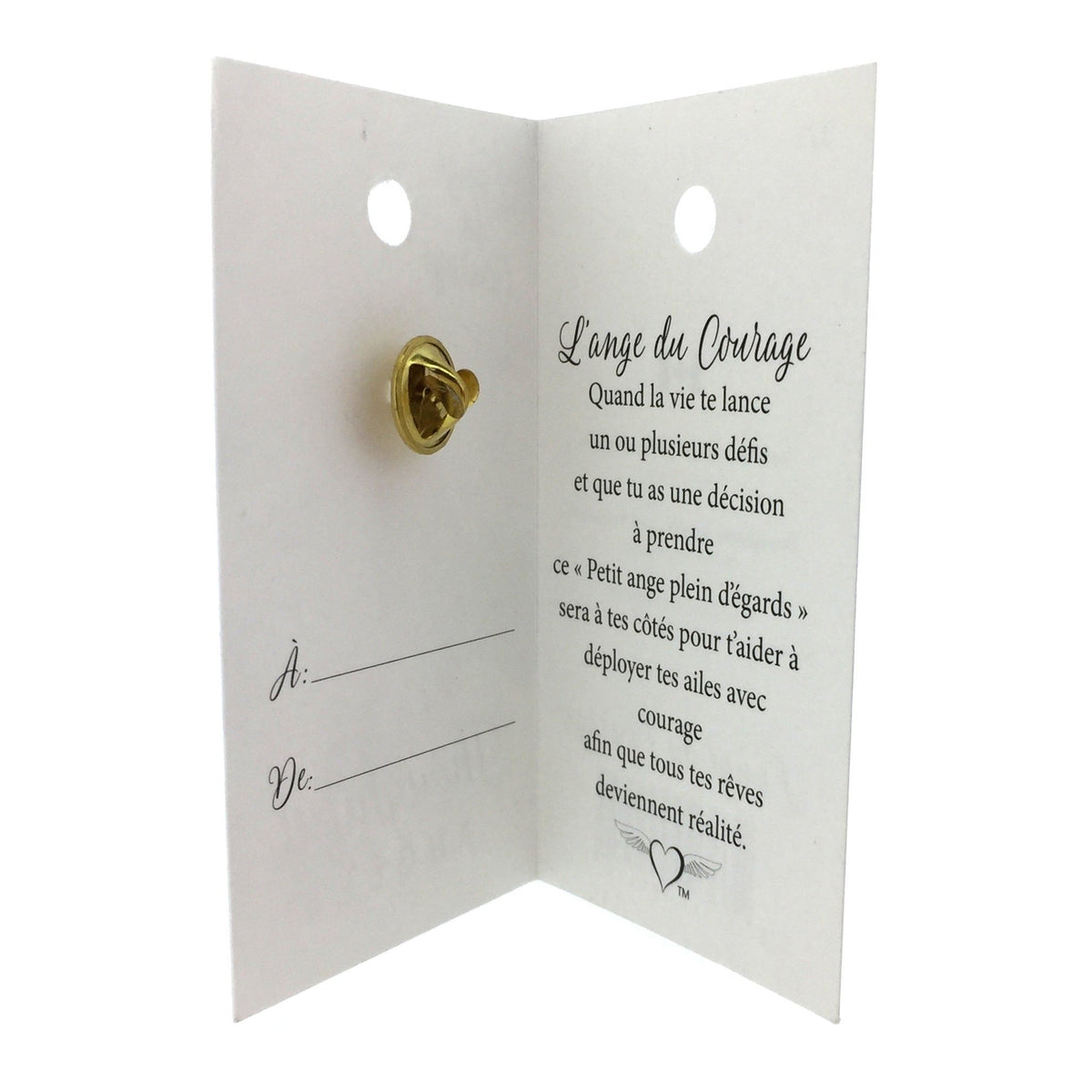 Carte ouverte de l’épinglette « Courage », avec son message en français.