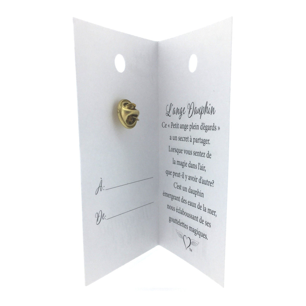 Carte ouverte de l’épinglette « Dauphin », avec son message en français.