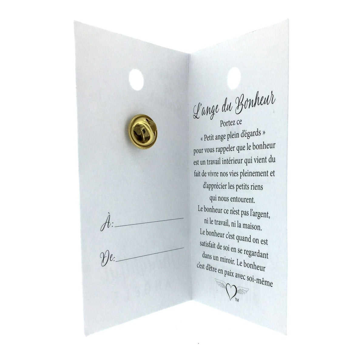 Carte ouverte de l’épinglette « Bonheur », avec son message en français.