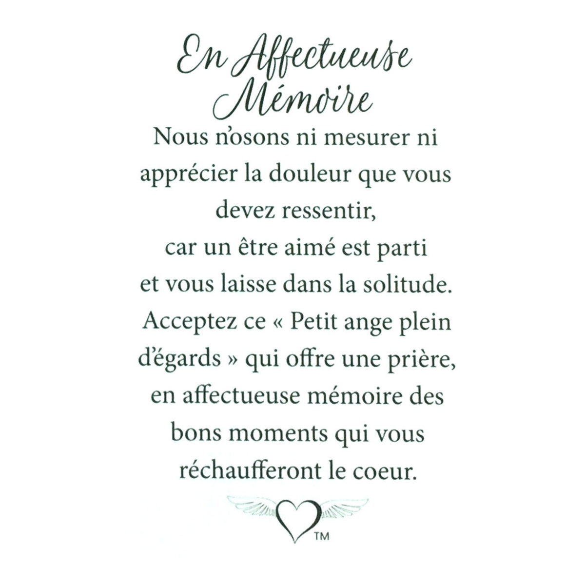 Message en français sur la carte de l’épinglette « En affectueuse mémoire ».