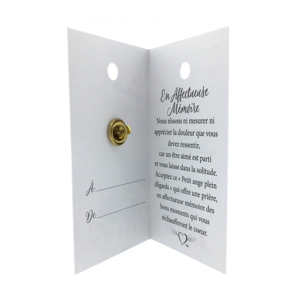 Carte ouverte de l’épinglette « En affectueuse mémoire », avec son message en français.