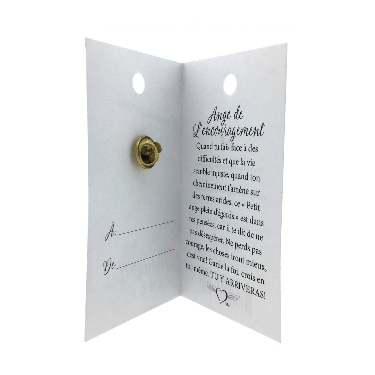 Carte ouverte de l’épinglette « Encouragement », avec son message en français.