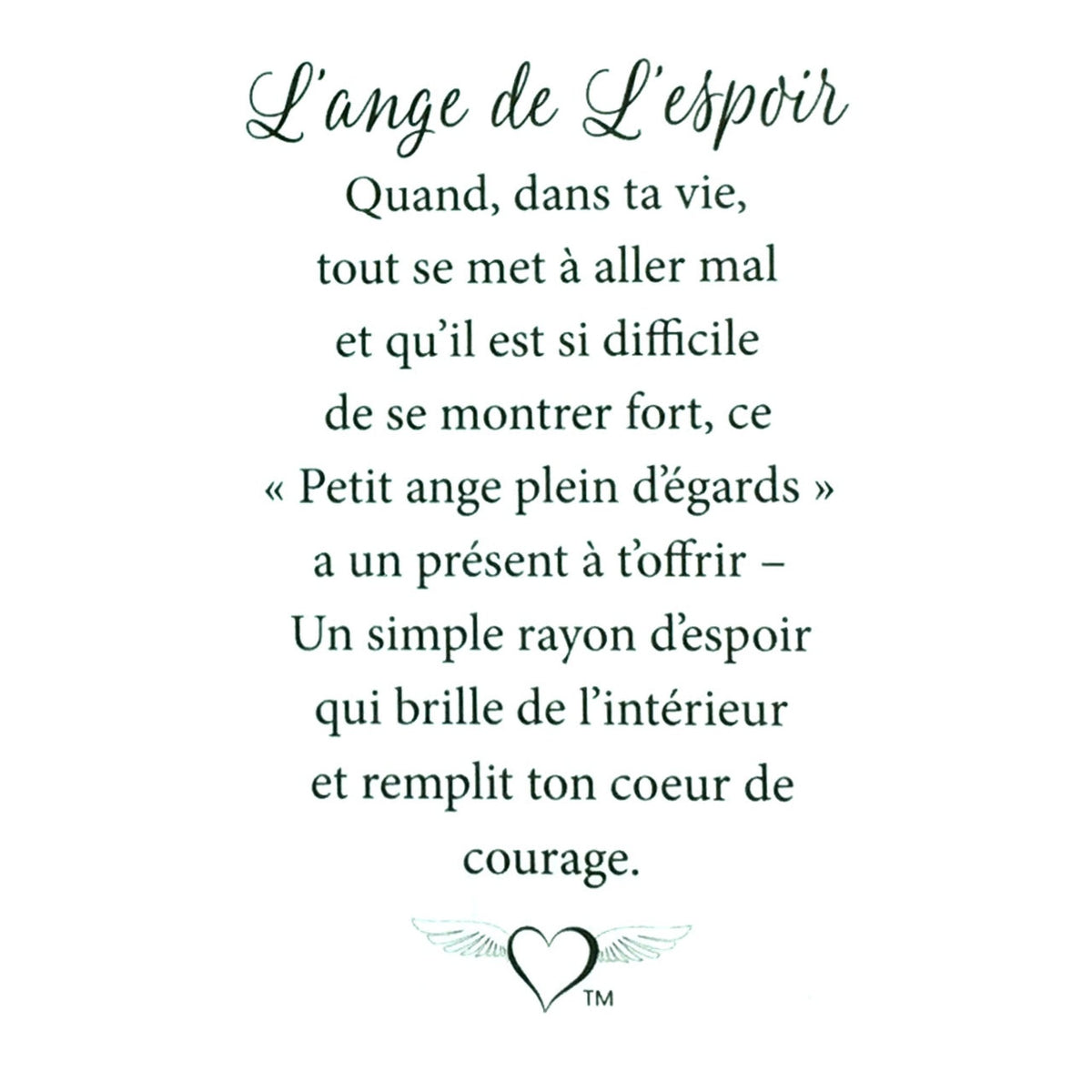 Message en français sur la carte de l’épinglette « Espoir ».