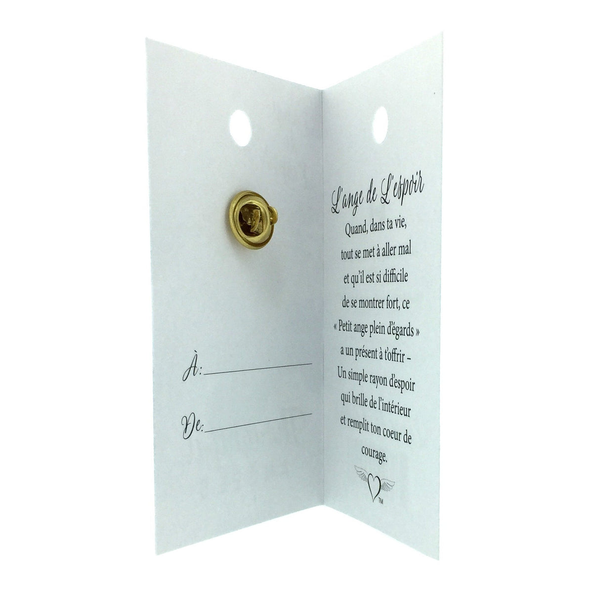 Carte ouverte de l’épinglette « Espoir », avec son message en français.