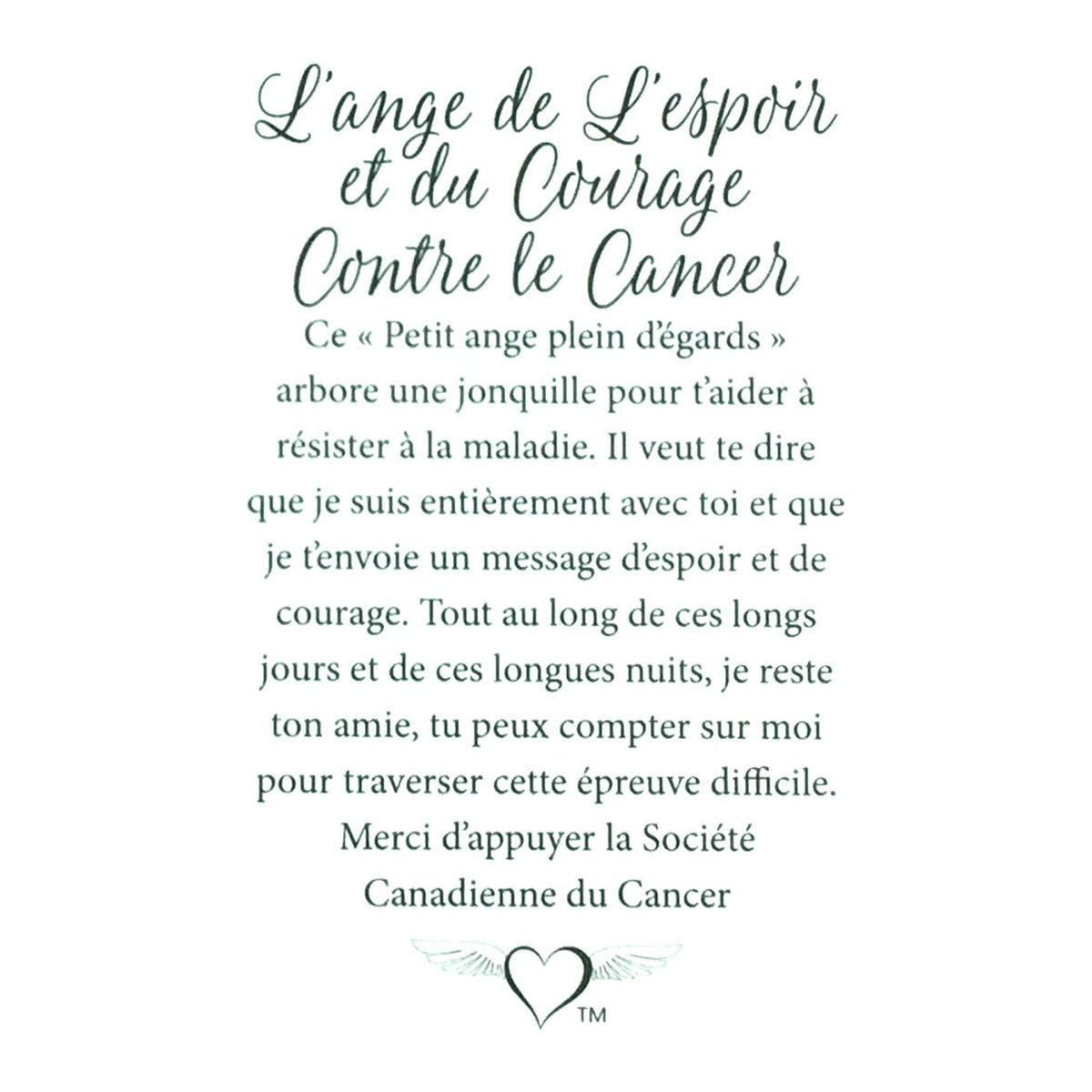 Message en français sur la carte de l’épinglette « Espoir et courage contre le cancer ».