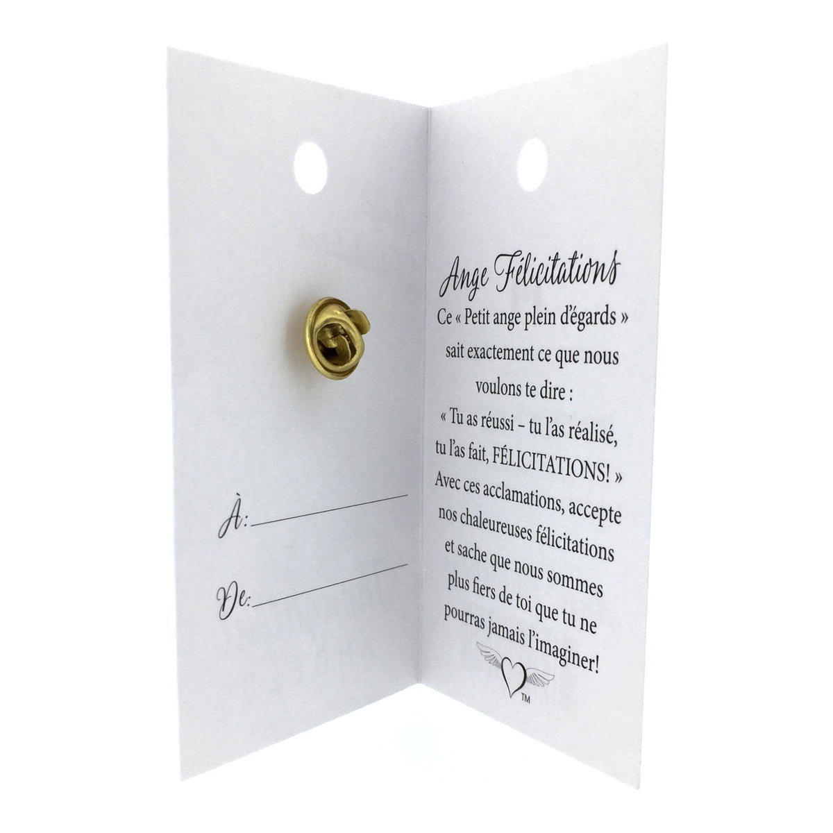 Carte ouverte de l’épinglette « Félicitations », avec son message en français.