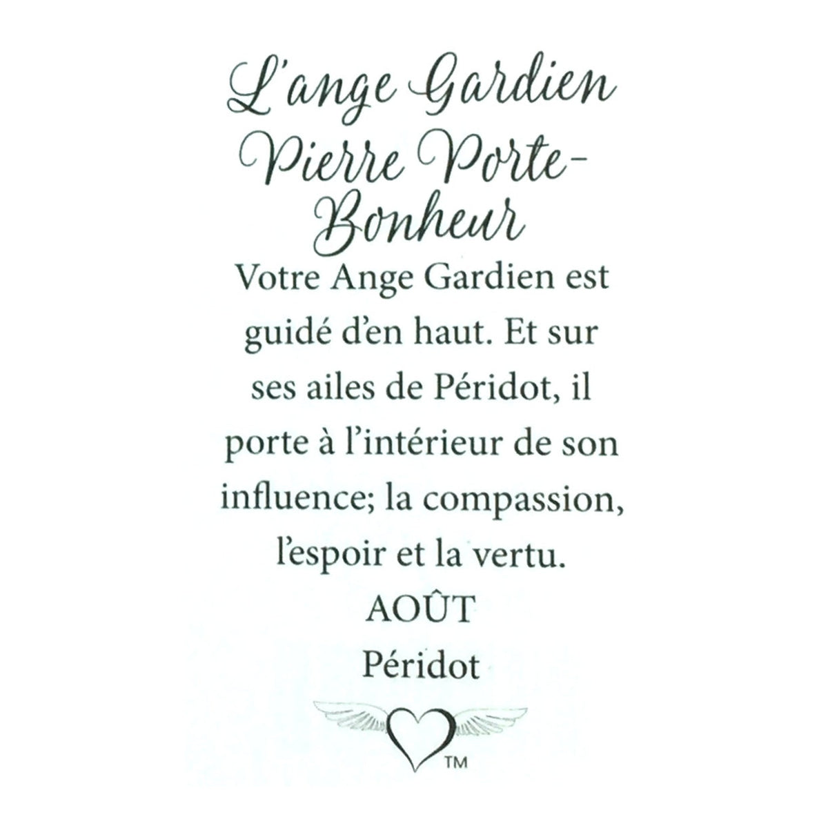 Message en français sur la carte de l’épinglette « Ange gardien – août ».