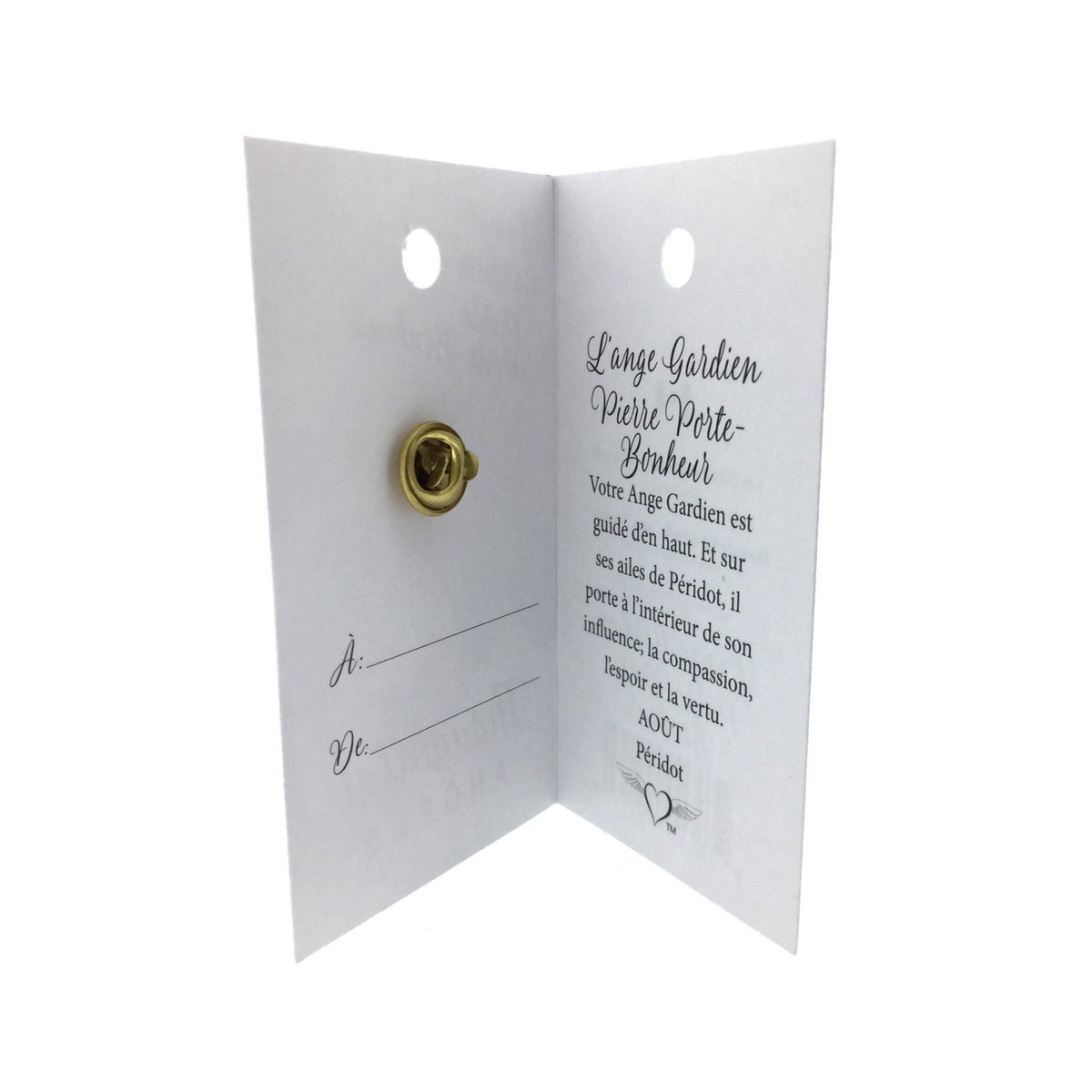 Carte ouverte de l’épinglette « Ange gardien – août », avec son message en français.
