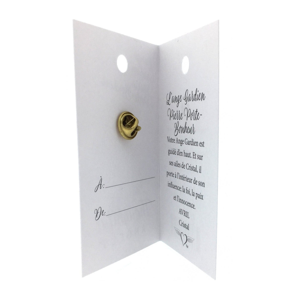 Carte ouverte de l’épinglette « Ange gardien – avril », avec son message en français.