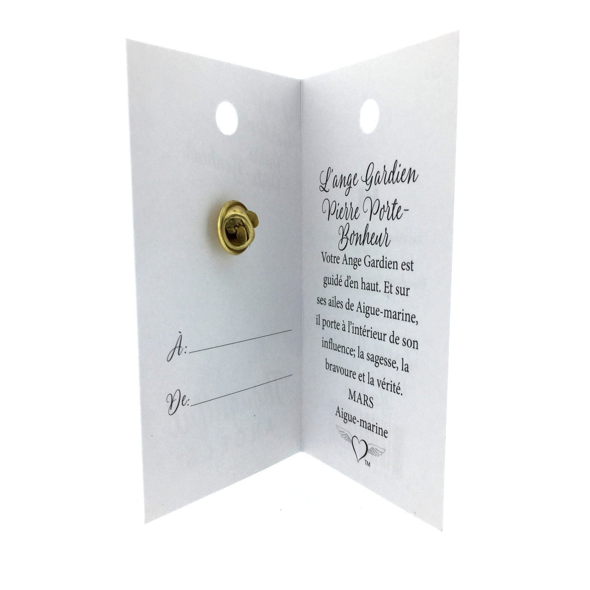 Carte ouverte de l’épinglette « Ange gardien – décembre », avec son message en français.