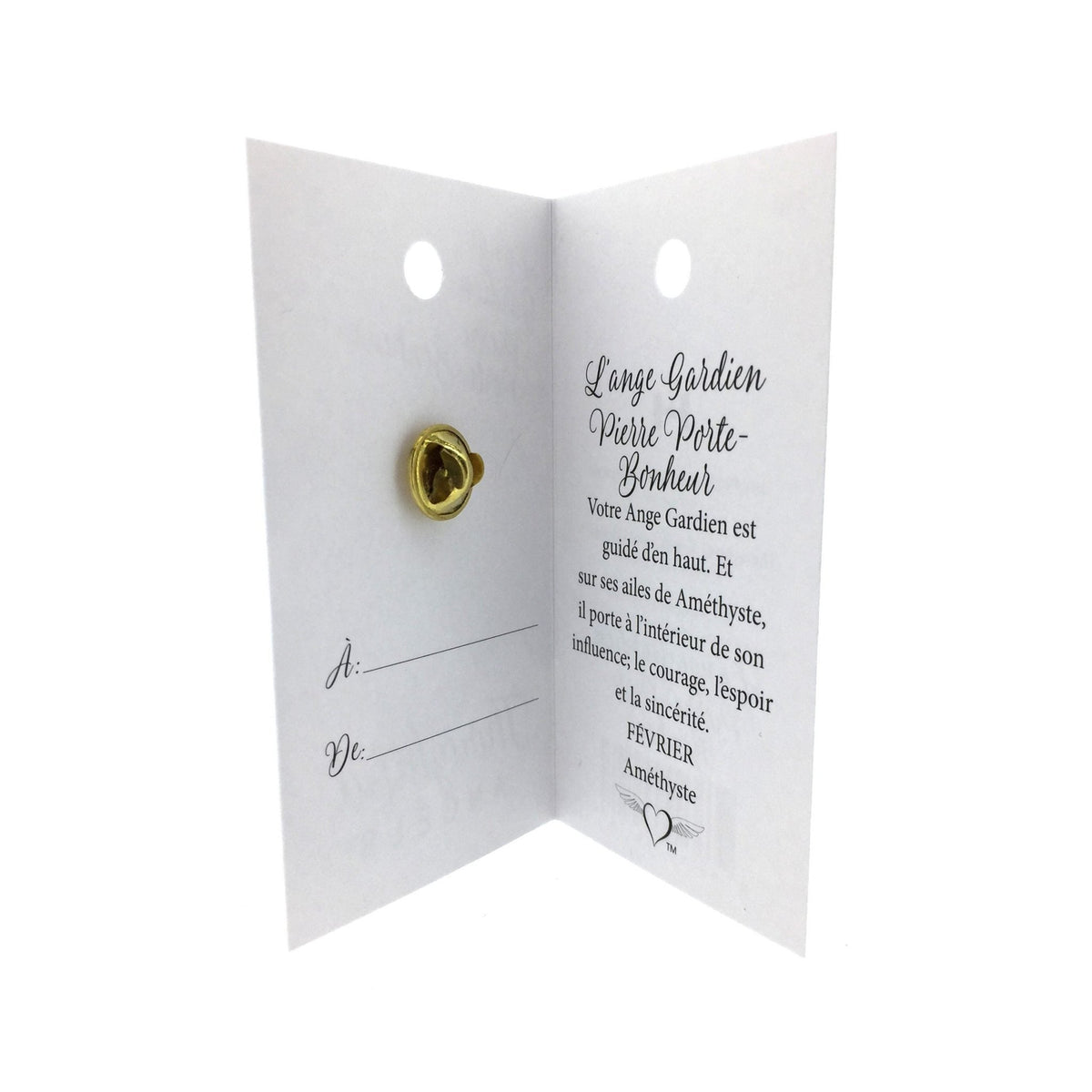 Carte ouverte de l’épinglette « Ange gardien – février », avec son message en français.