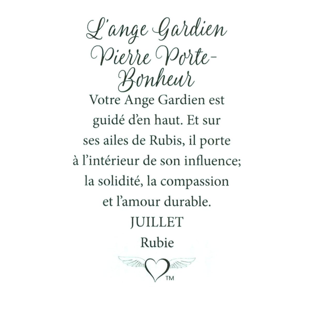 Message en français sur la carte de l’épinglette « Ange gardien – juillet ».