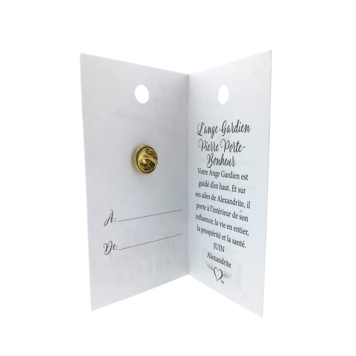 Carte ouverte de l’épinglette « Ange gardien – juin », avec son message en français.