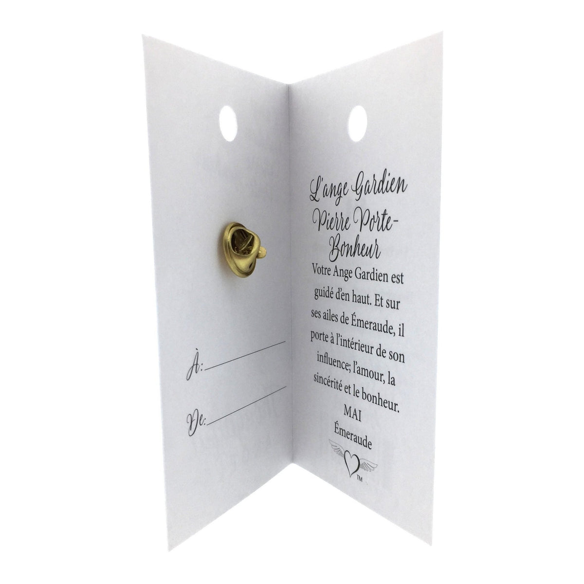 Carte ouverte de l’épinglette « Ange gardien – mai », avec son message en français.