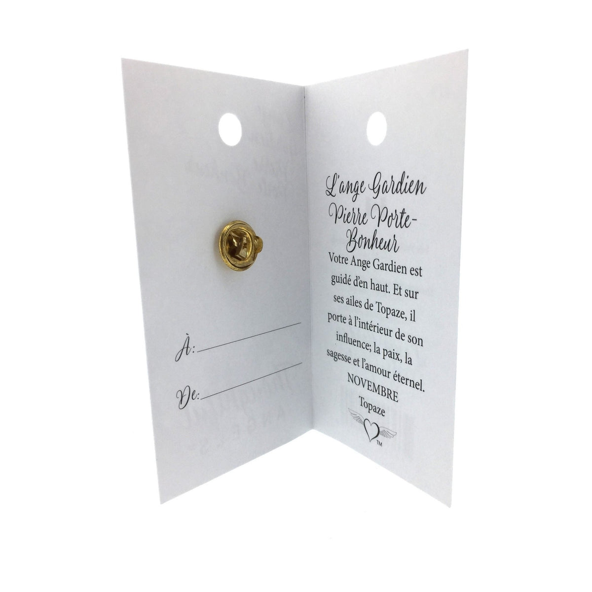 Carte ouverte de l’épinglette « Ange gardien – novembre », avec son message en français.