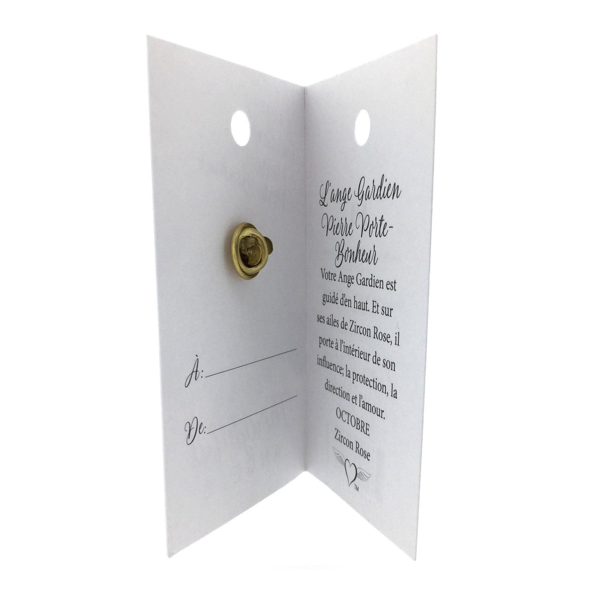 Carte ouverte de l’épinglette « Ange gardien – octobre », avec son message en français.