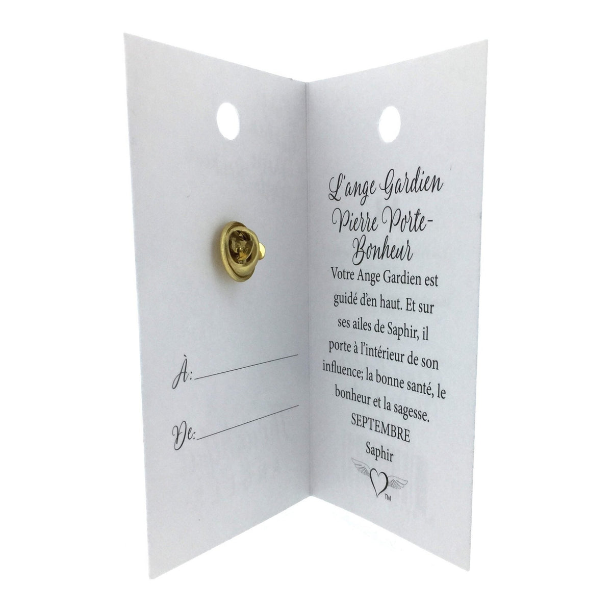 Carte ouverte de l’épinglette « Ange gardien – septembre », avec son message en français.