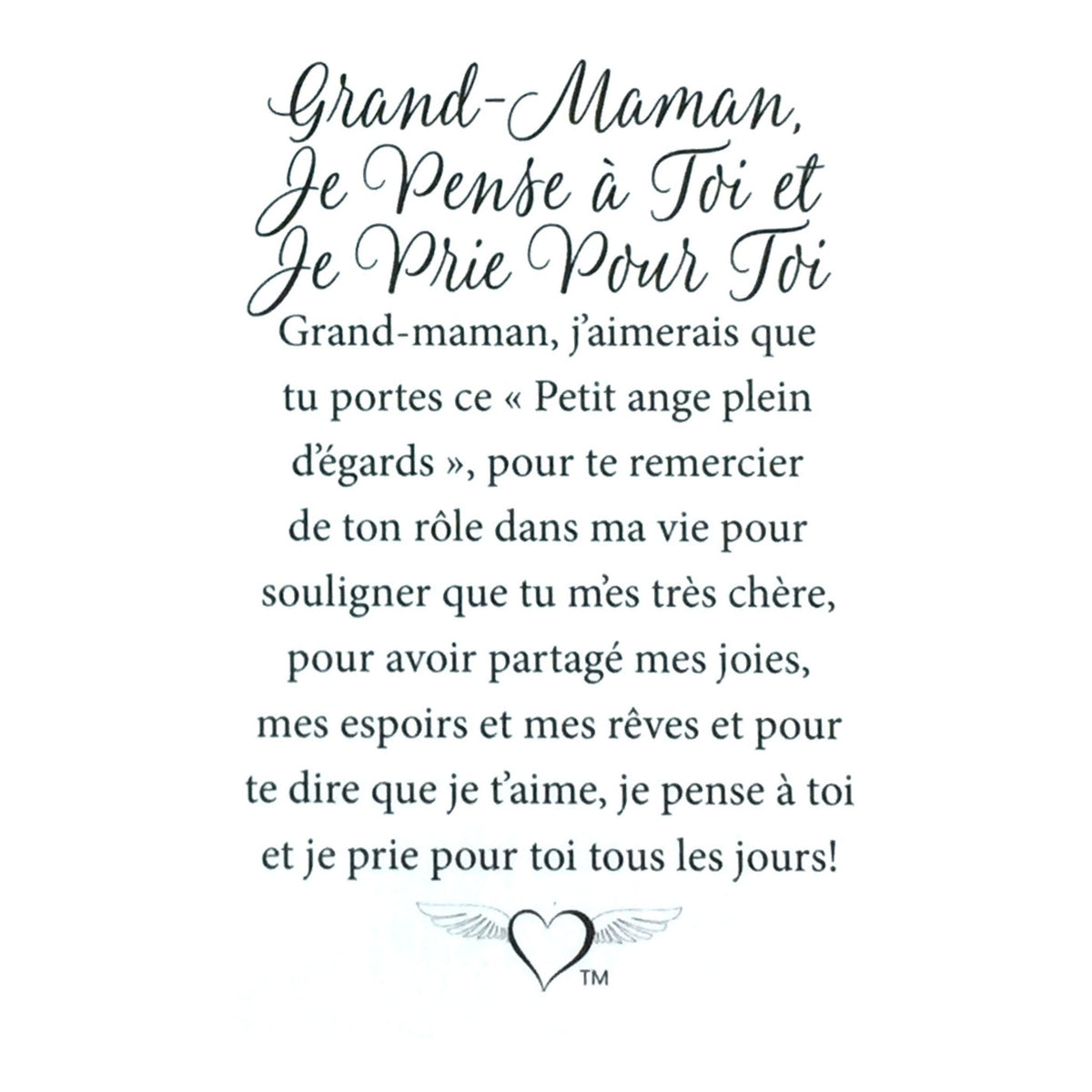 Message en français sur la carte de l’épinglette « Grand-maman, je pense à toi et je prie pour toi ».