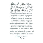 Message en français sur la carte de l’épinglette « Grand-maman, je pense à toi et je prie pour toi ».