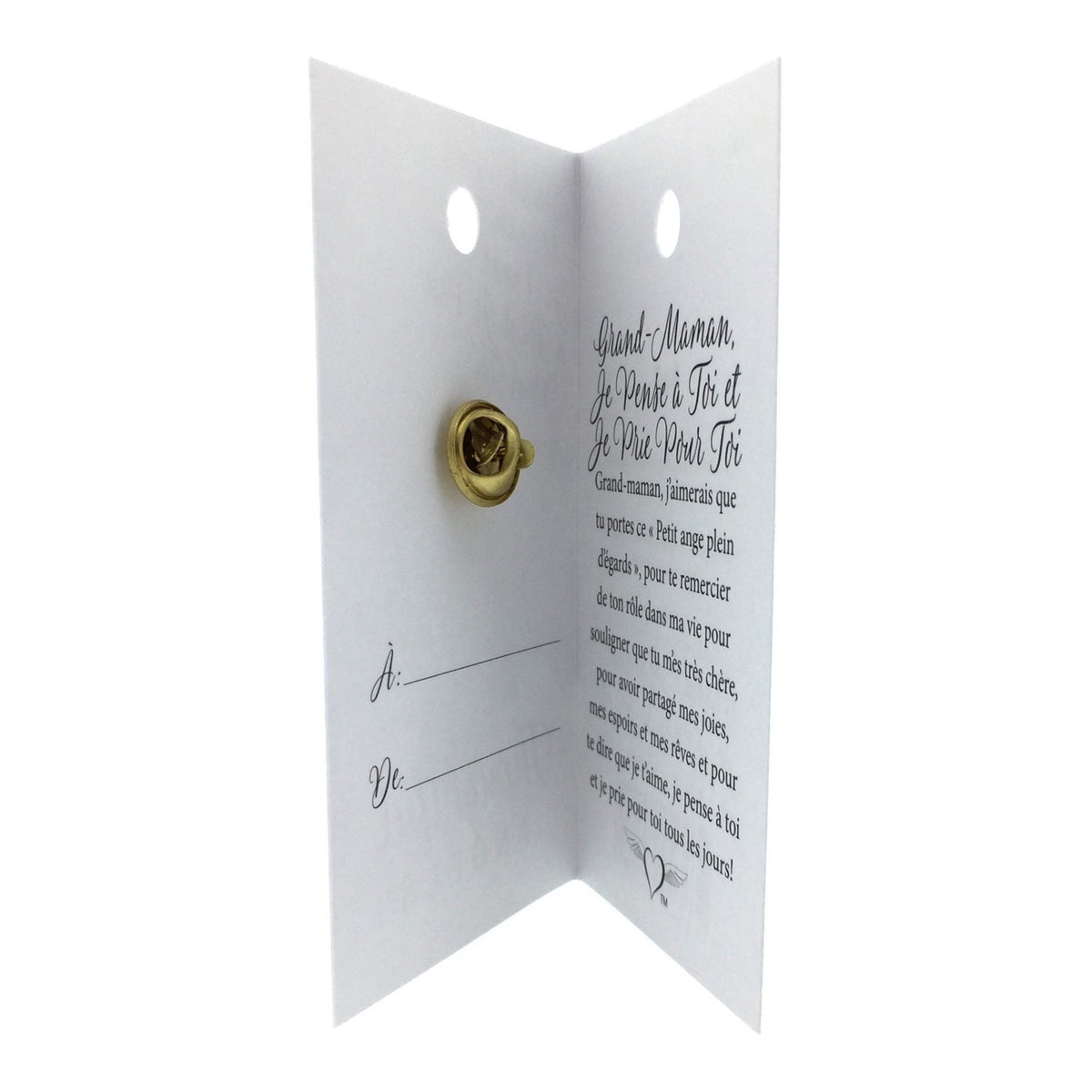 Carte ouverte de l’épinglette « Grand-maman, je pense à toi et je prie pour toi », avec son message en français.