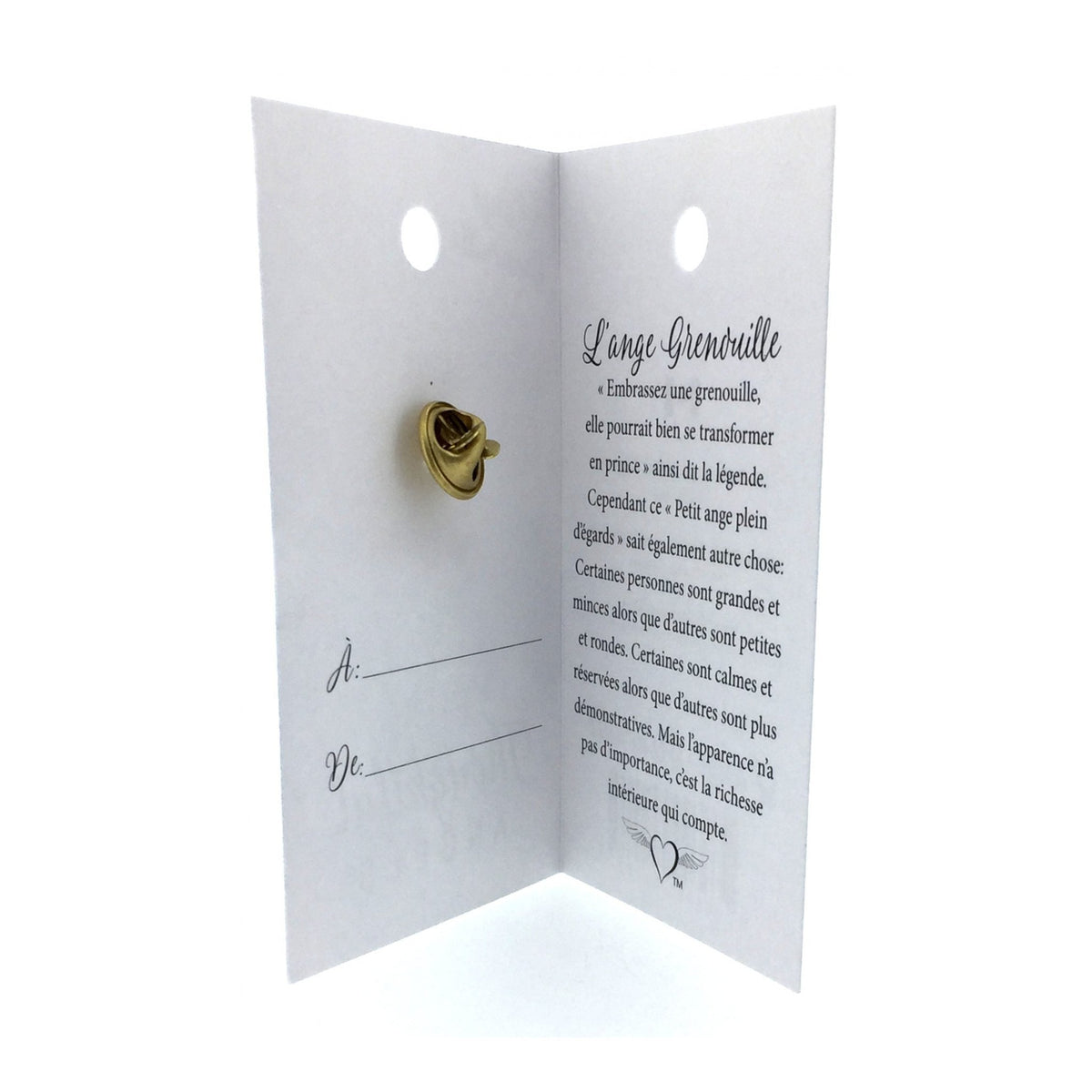 Carte ouverte de l’épinglette « Grenouille », avec son message en français.