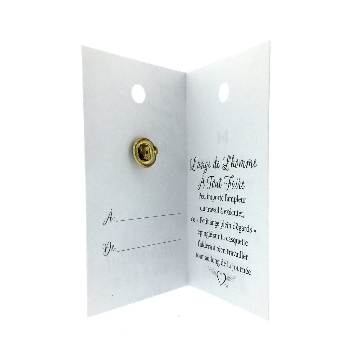Carte ouverte de l’épinglette « Homme à tout faire », avec son message en français.