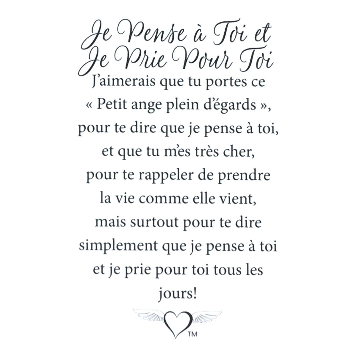 Message en français sur la carte de l’épinglette « Je pense à toi et je prie pour toi ».
