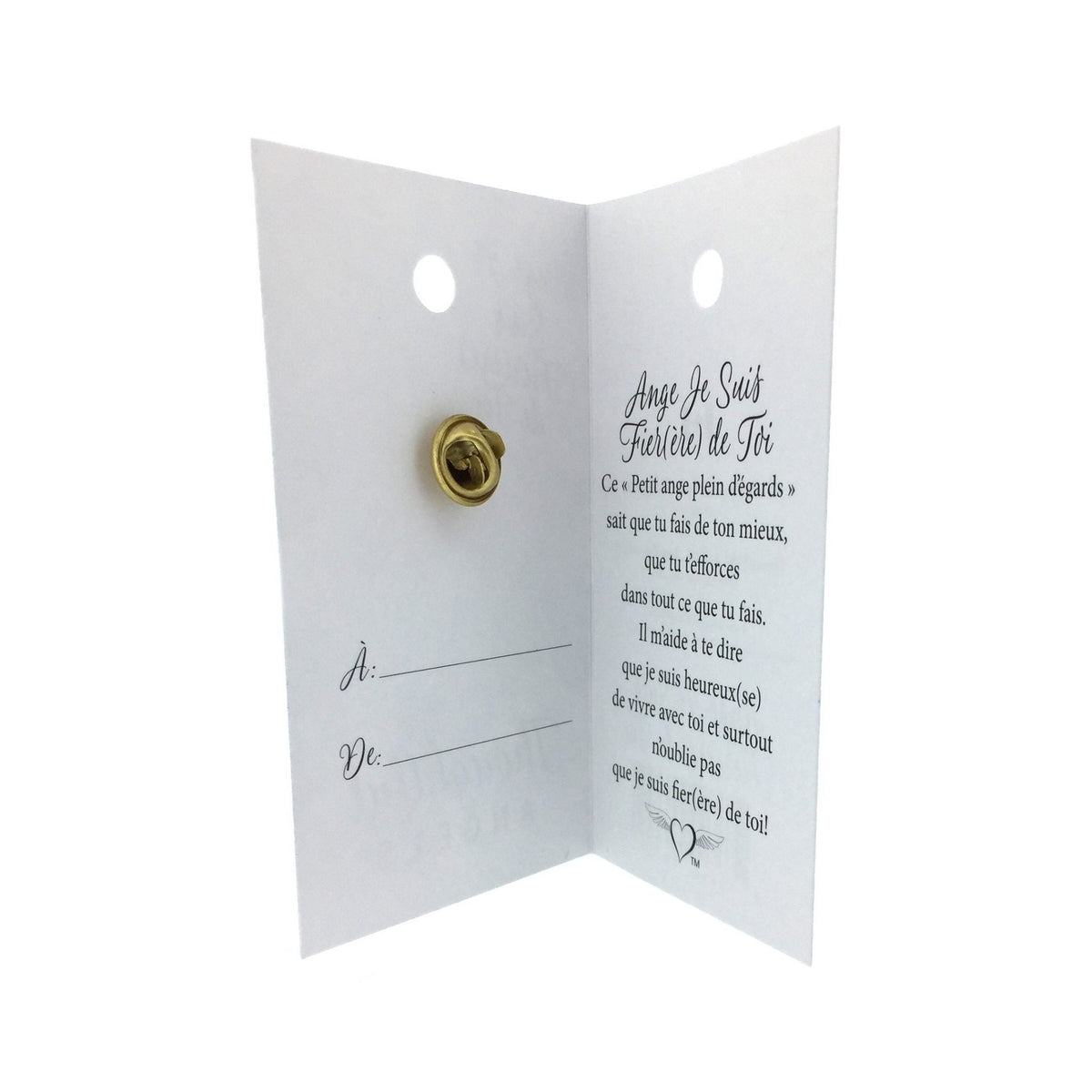 Carte ouverte de l’épinglette « Je suis fier(ère) de toi », avec son message en français.