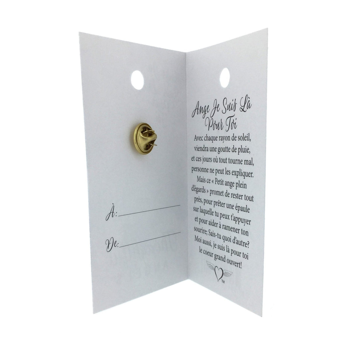 Carte ouverte de l’épinglette « Je suis là pour toi », avec son message en français.