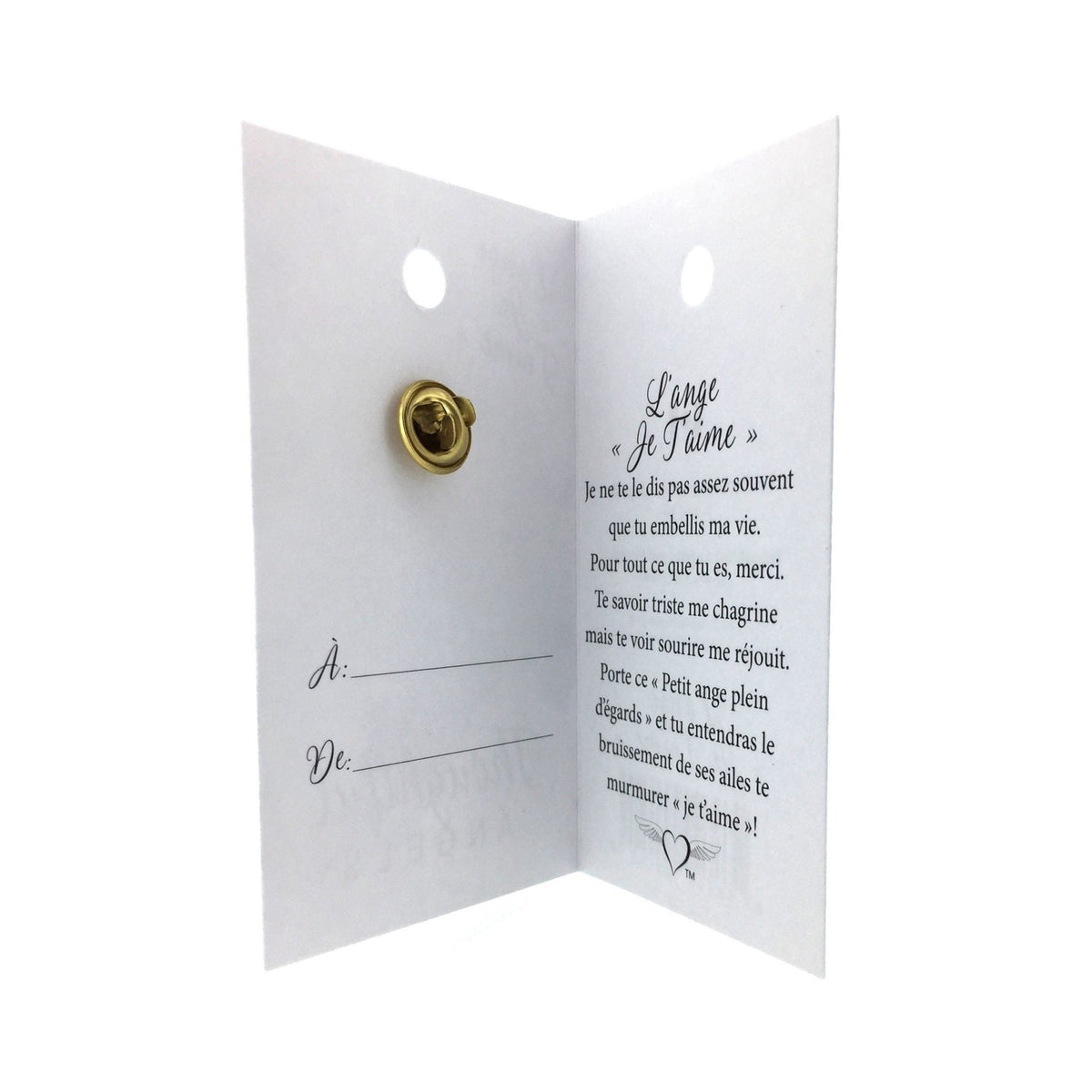 Carte ouverte de l’épinglette « Je t’aime », avec son message en français.