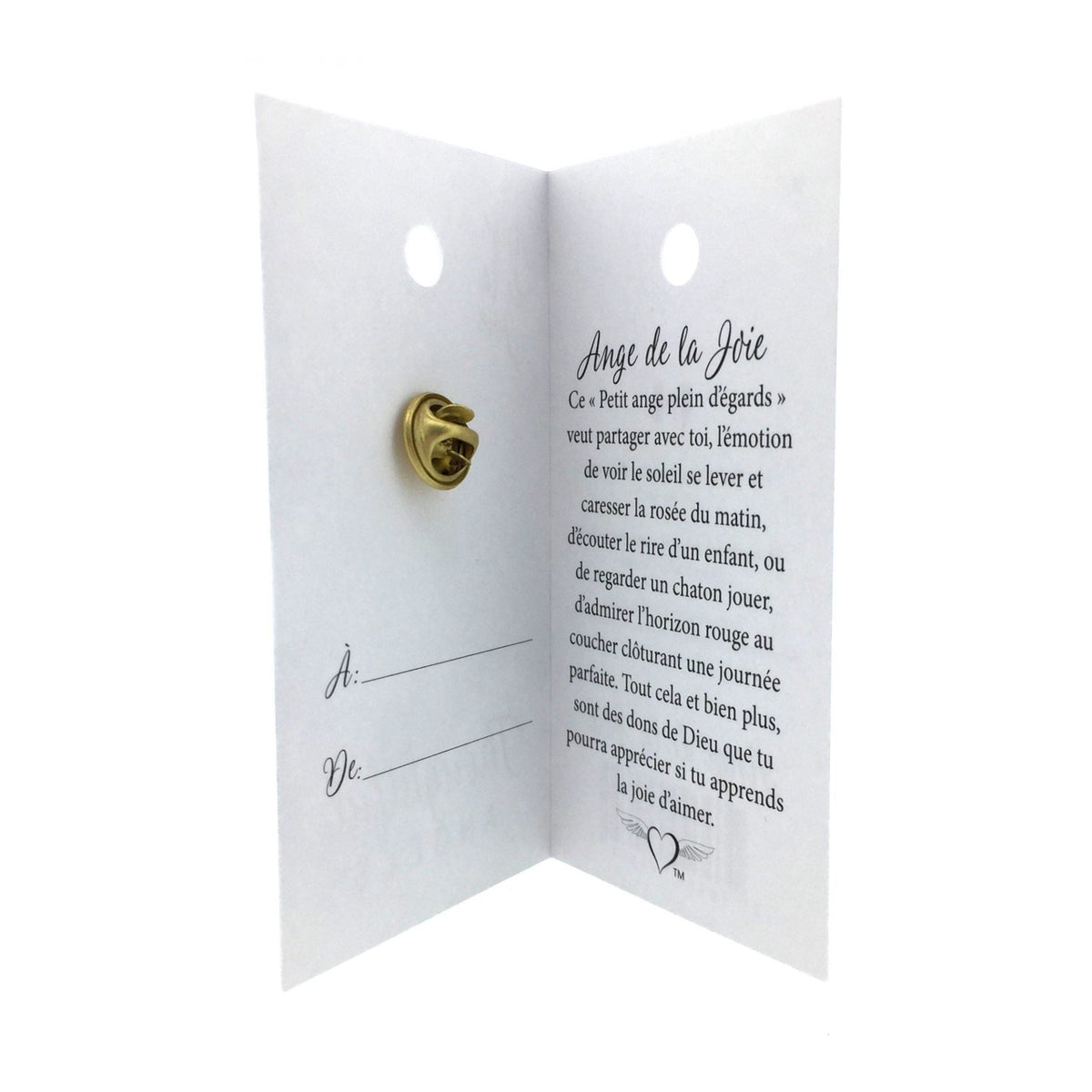 Carte ouverte de l’épinglette « Joie », avec son message en français.